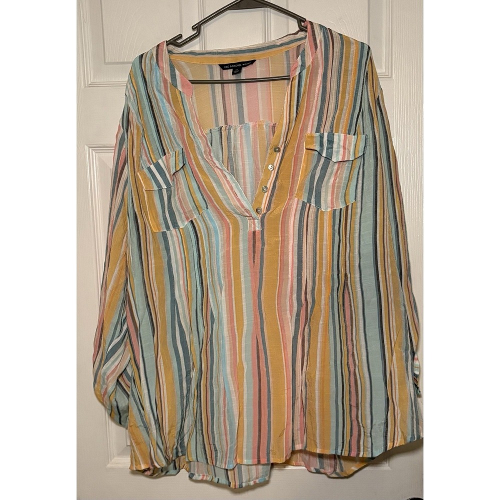 Zac & Rachel Top Womens 2XL Multicolor Striped Roll Tab Sleeve Popover Preppy
